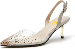 FSJ Women Crystal Studded Clear Pumps Sparkle Rhinestones Mid Low Heel Sandals Slingback D'orsay Pointed Toe Wedding Shoes Size 4-15 US
