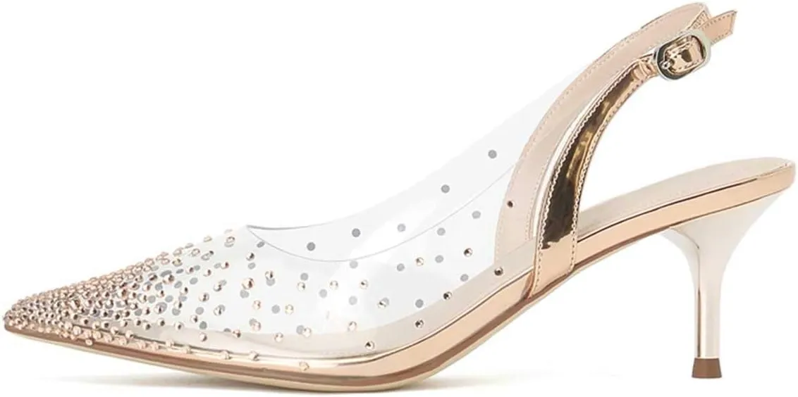 FSJ Women Crystal Studded Clear Pumps Sparkle Rhinestones Mid Low Heel Sandals Slingback D'orsay Pointed Toe Wedding Shoes Size 4-15 US