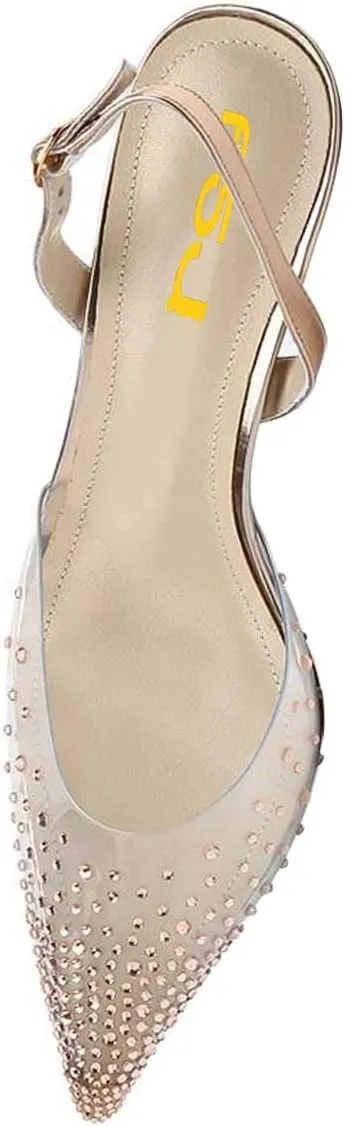 FSJ Women Crystal Studded Clear Pumps Sparkle Rhinestones Mid Low Heel Sandals Slingback D'orsay Pointed Toe Wedding Shoes Size 4-15 US