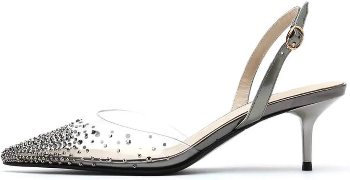 FSJ Women Crystal Studded Clear Pumps Sparkle Rhinestones Mid Low Heel Sandals Slingback D'orsay Pointed Toe Wedding Shoes Size 4-15 US