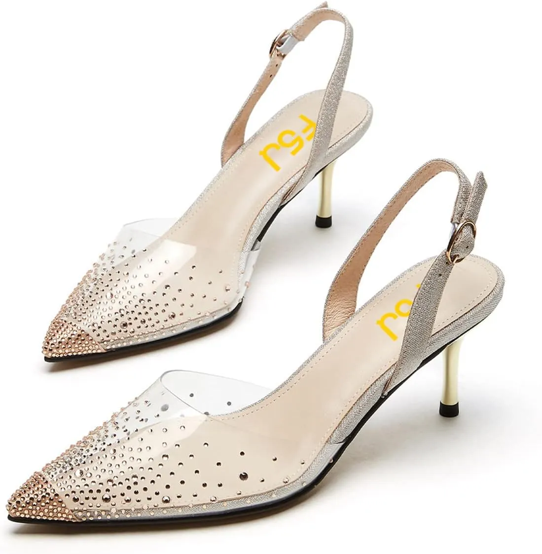 FSJ Women Crystal Studded Clear Pumps Sparkle Rhinestones Mid Low Heel Sandals Slingback D'orsay Pointed Toe Wedding Shoes Size 4-15 US