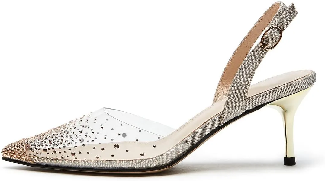 FSJ Women Crystal Studded Clear Pumps Sparkle Rhinestones Mid Low Heel Sandals Slingback D'orsay Pointed Toe Wedding Shoes Size 4-15 US
