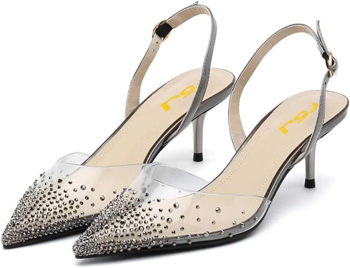 FSJ Women Crystal Studded Clear Pumps Sparkle Rhinestones Mid Low Heel Sandals Slingback D'orsay Pointed Toe Wedding Shoes Size 4-15 US