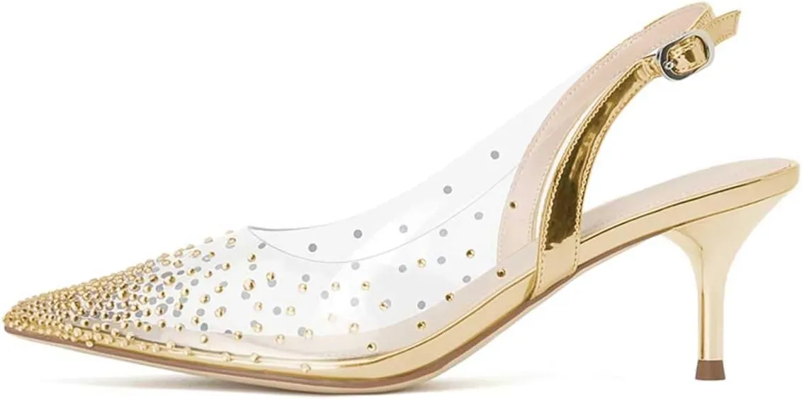 FSJ Women Crystal Studded Clear Pumps Sparkle Rhinestones Mid Low Heel Sandals Slingback D'orsay Pointed Toe Wedding Shoes Size 4-15 US