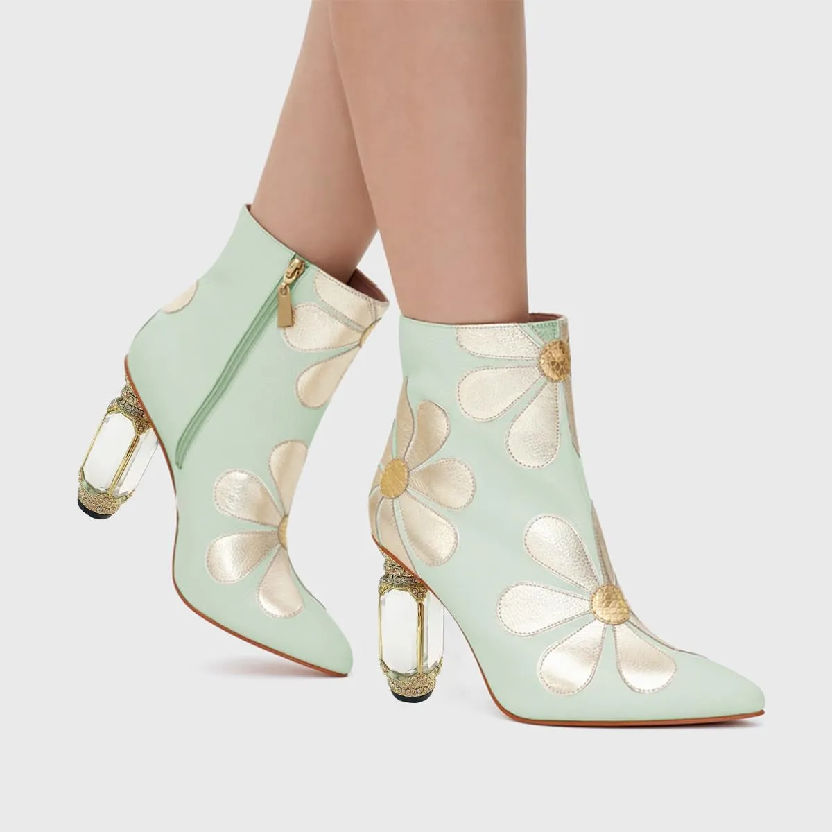 FSJ Women Cute Ankle Boots Pointed Toe Crystal High Heel Side Zipper Chunky Block Booties with Daisy Flower Wedding Ballroom Dress Shoes Size 4-16 US