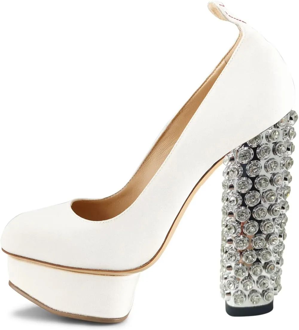 FSJ Women Cute Platform Pumps Suede Patchwork Crystal Chunky Block High Heel Closed Toe Party Prom Dress Shoes Size 4-15 US