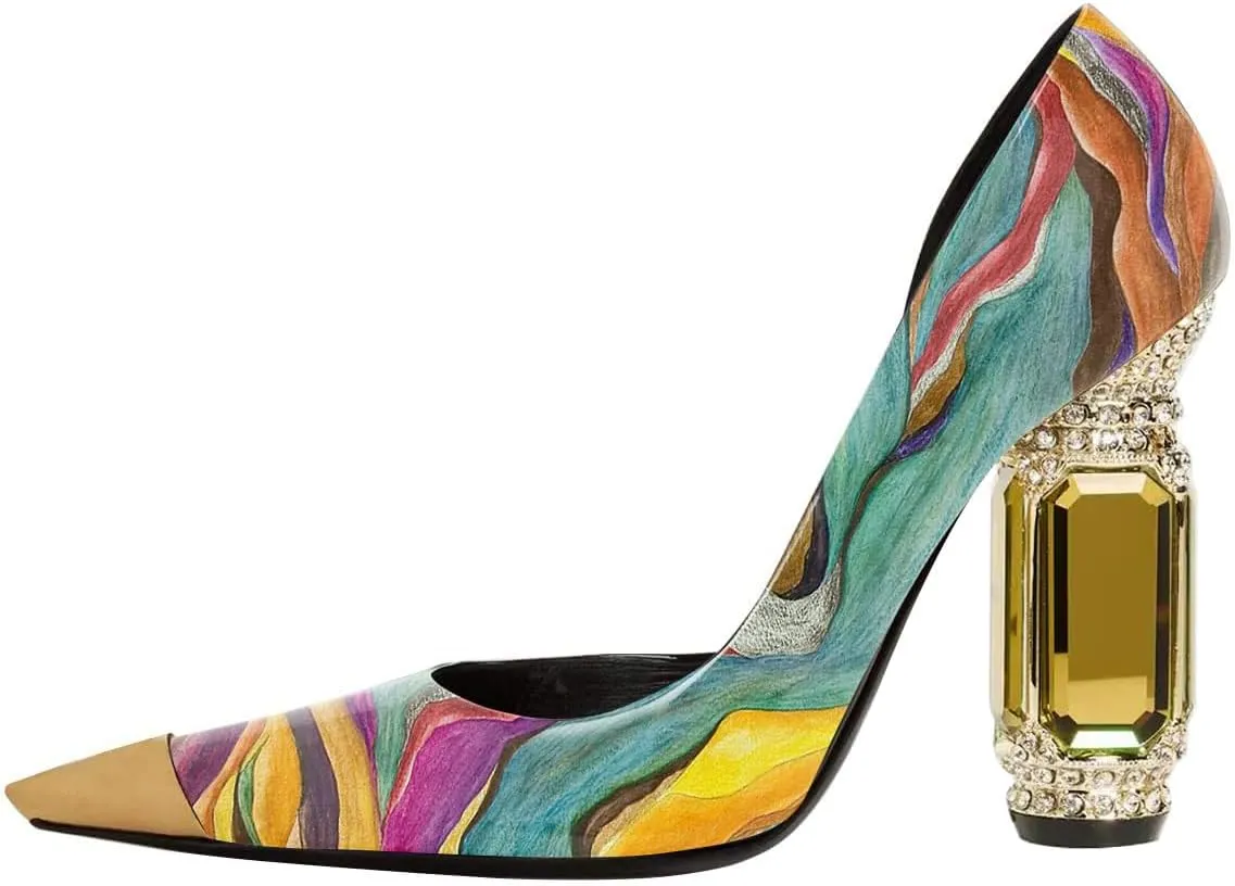 FSJ Women D'Orsay Graceful Pumps Gilded Pointed Toe Crystal Chunky Block High Heels Slip On Wedding Dress Shoes Size 4-16 US