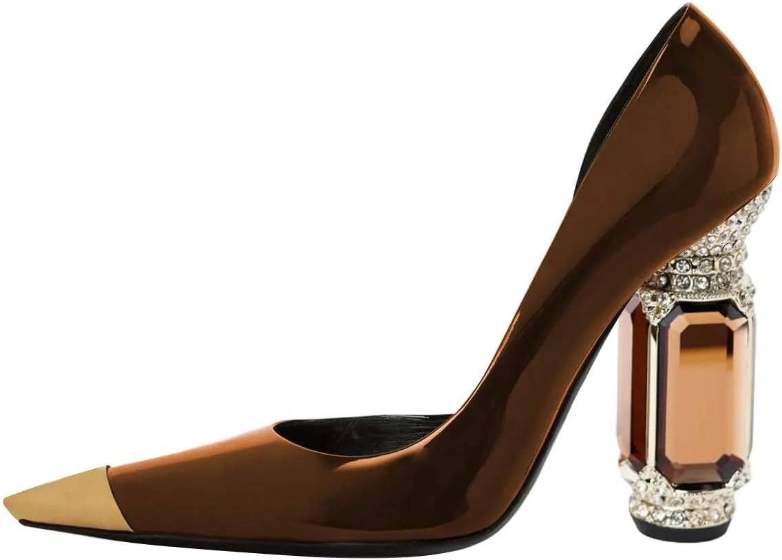 FSJ Women D'Orsay Graceful Pumps Gilded Pointed Toe Crystal Chunky Block High Heels Slip On Wedding Dress Shoes Size 4-16 US