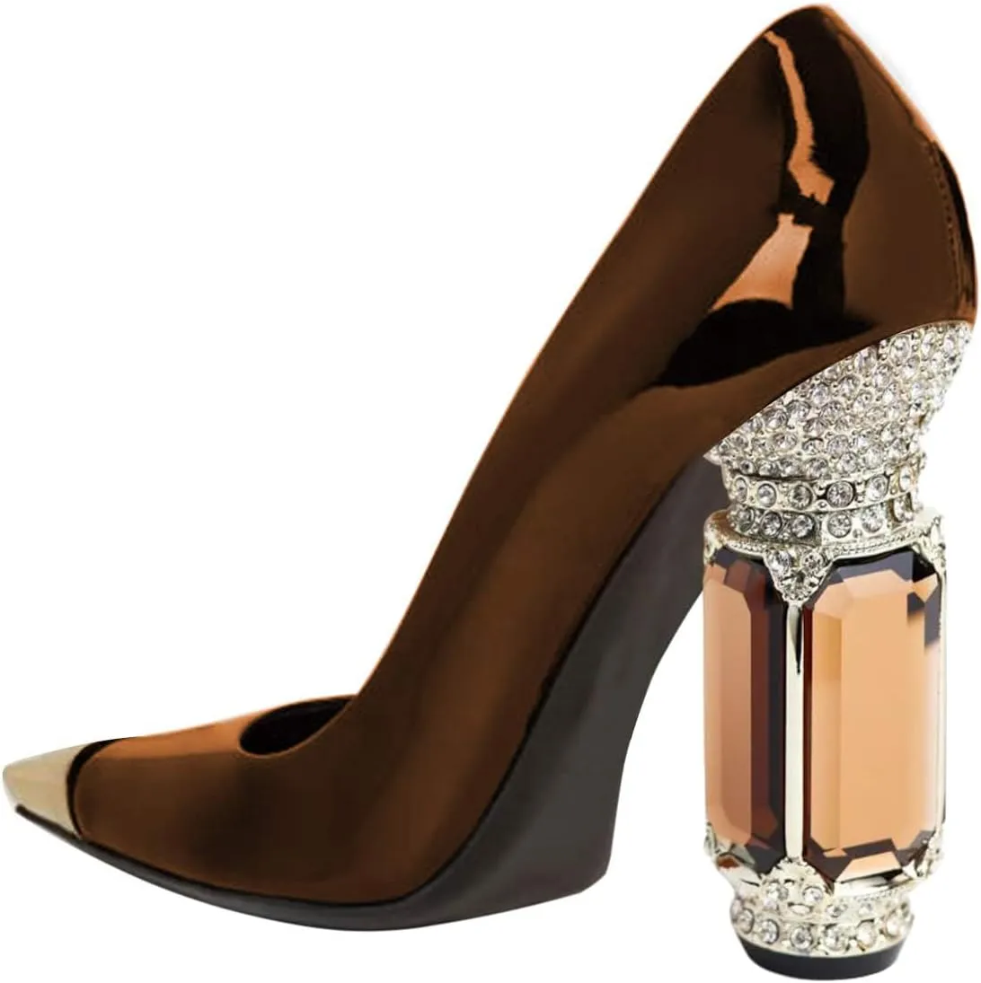 FSJ Women D'Orsay Graceful Pumps Gilded Pointed Toe Crystal Chunky Block High Heels Slip On Wedding Dress Shoes Size 4-16 US
