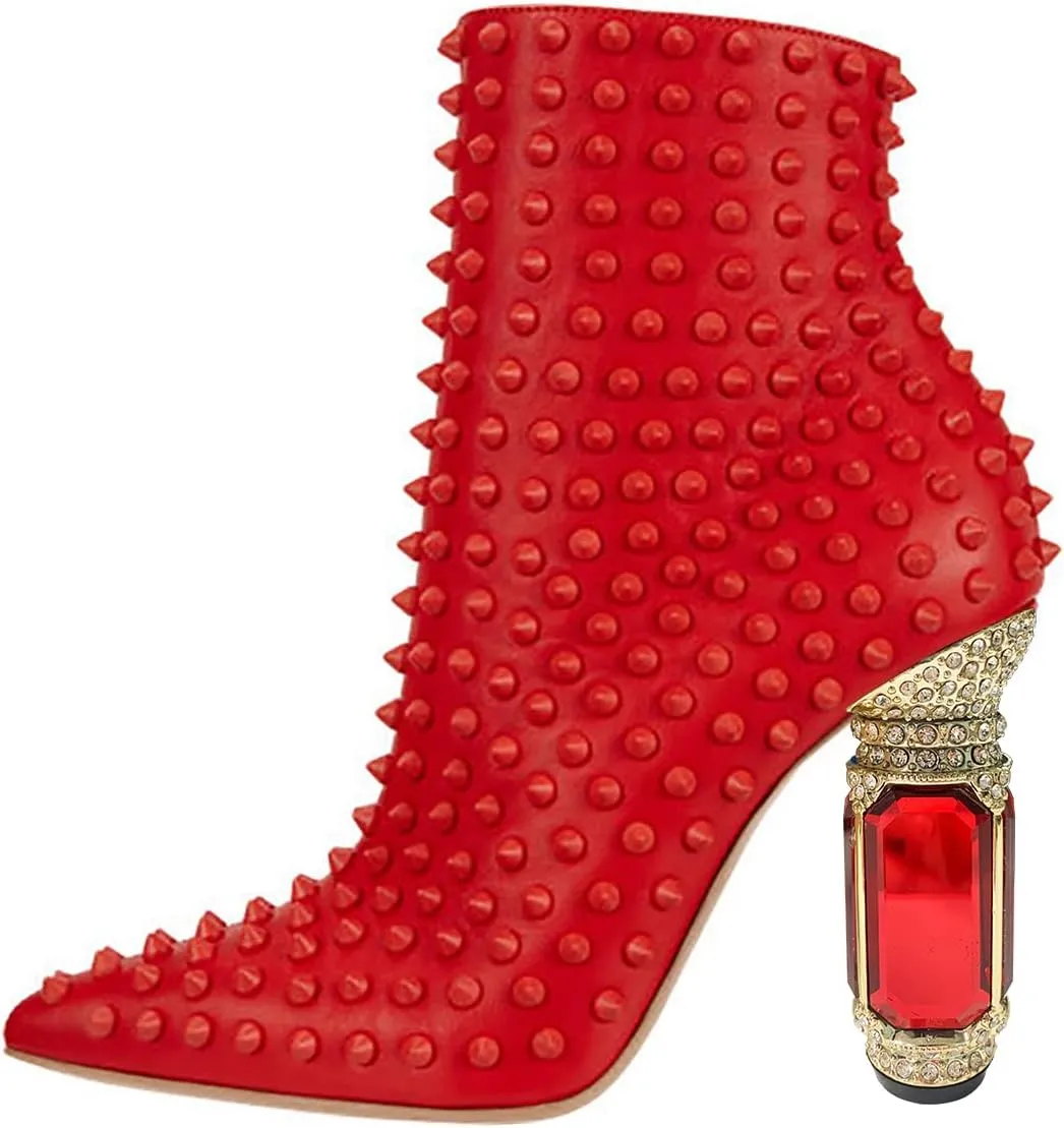 FSJ Women Fashion Ankle Boots Crystal Chunky High Heel Pointed Toe Side Zipper Comfort Dress Short Booties Size 4-15 US