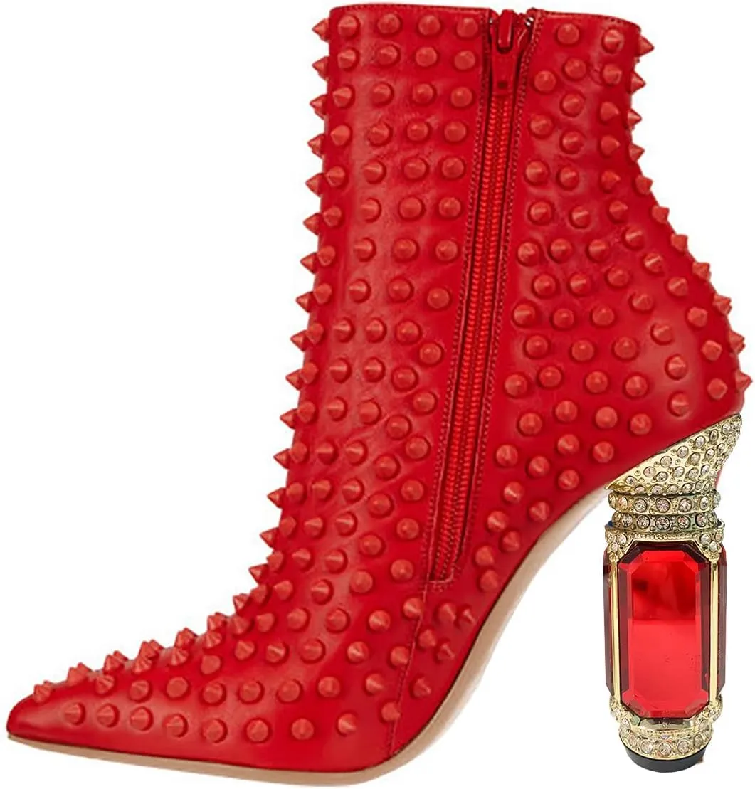 FSJ Women Fashion Ankle Boots Crystal Chunky High Heel Pointed Toe Side Zipper Comfort Dress Short Booties Size 4-15 US
