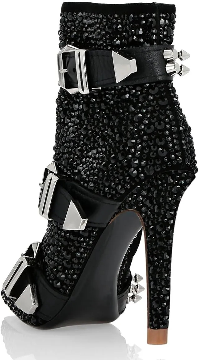FSJ Women Fashion High Heel Ankle Boots with Rivets Closed Pointed Toe Stilettos Zipper Unique Style Shoes Size 4-15 M US