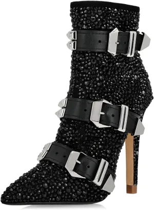 FSJ Women Fashion High Heel Ankle Boots with Rivets Closed Pointed Toe Stilettos Zipper Unique Style Shoes Size 4-15 M US