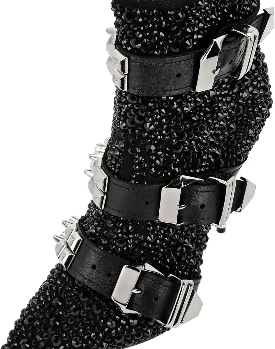 FSJ Women Fashion High Heel Ankle Boots with Rivets Closed Pointed Toe Stilettos Zipper Unique Style Shoes Size 4-15 M US