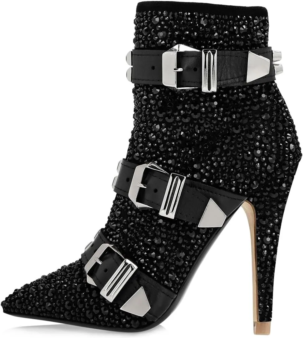 FSJ Women Fashion High Heel Ankle Boots with Rivets Closed Pointed Toe Stilettos Zipper Unique Style Shoes Size 4-15 M US