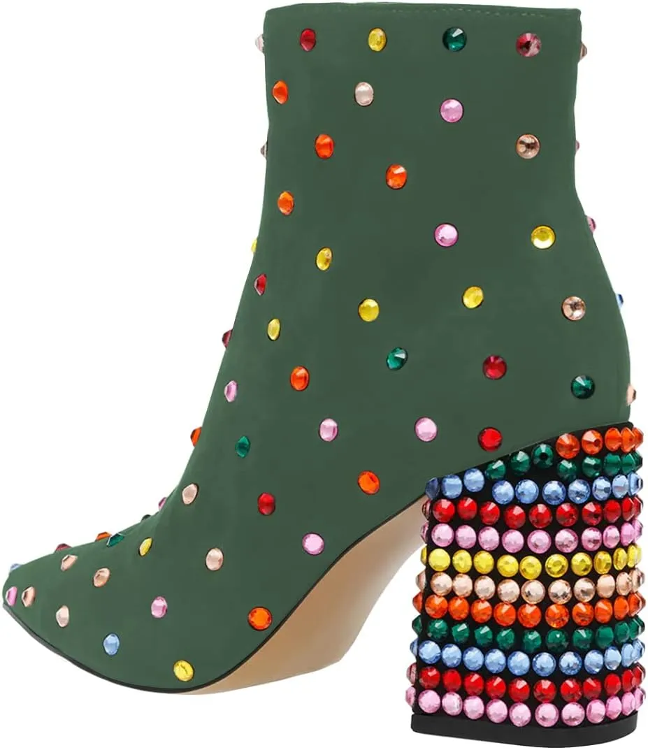 FSJ Women Fashion Pointed Toe Ankle Booties Rhinestone Block Mid Heel Comfy Suede Studded Crystal Side Zipper Western Boots Size 4-15 US