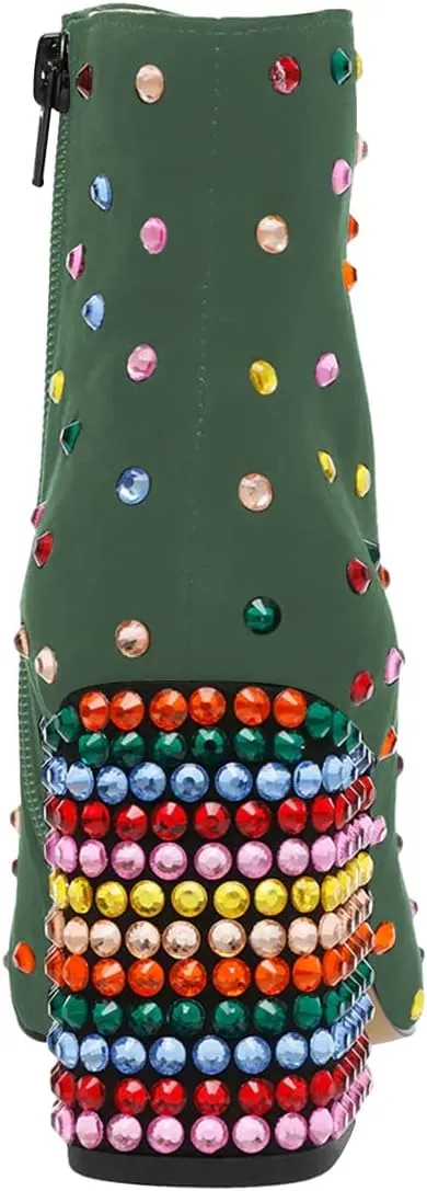 FSJ Women Fashion Pointed Toe Ankle Booties Rhinestone Block Mid Heel Comfy Suede Studded Crystal Side Zipper Western Boots Size 4-15 US