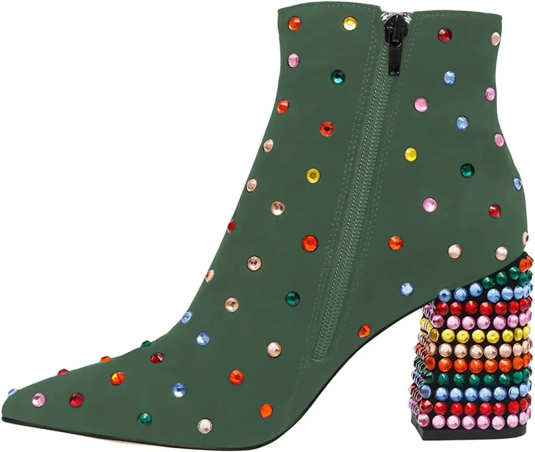 FSJ Women Fashion Pointed Toe Ankle Booties Rhinestone Block Mid Heel Comfy Suede Studded Crystal Side Zipper Western Boots Size 4-15 US