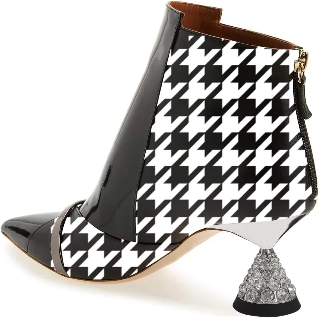 FSJ Women Glossy Mid Heel Ankle Boots Pointed Toe Bootie Chelsea Zipper Fall Fashion Winter Shoe Size 4-15 US