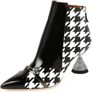 FSJ Women Glossy Mid Heel Ankle Boots Pointed Toe Bootie Chelsea Zipper Fall Fashion Winter Shoe Size 4-15 US