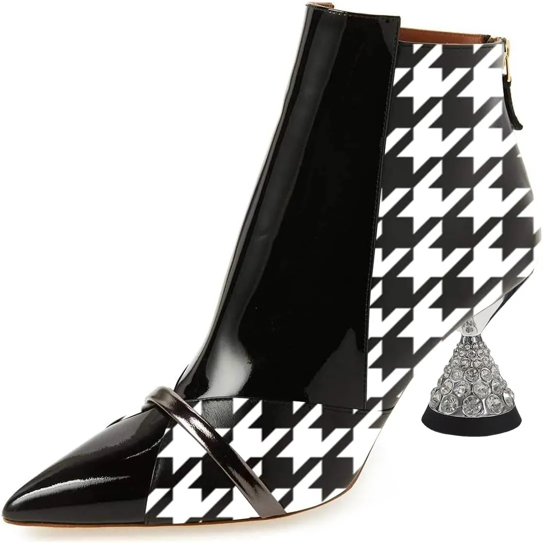 FSJ Women Glossy Mid Heel Ankle Boots Pointed Toe Bootie Chelsea Zipper Fall Fashion Winter Shoe Size 4-15 US