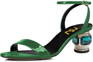 FSJ Women Gorgeous Crystal Low Block Heel Open Toe Ankle Strap Sandals Comfort Wedding Office Party Dress Shoes Size 4-15 US