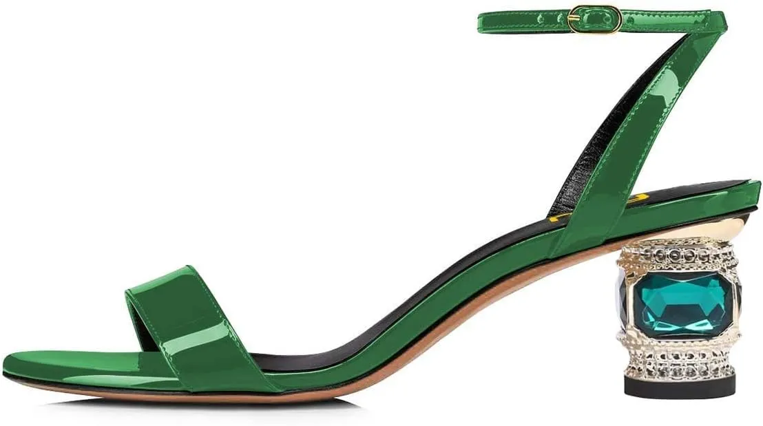 FSJ Women Gorgeous Crystal Low Block Heel Open Toe Ankle Strap Sandals Comfort Wedding Office Party Dress Shoes Size 4-15 US