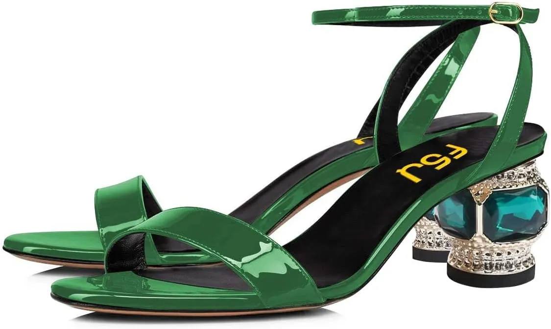 FSJ Women Gorgeous Crystal Low Block Heel Open Toe Ankle Strap Sandals Comfort Wedding Office Party Dress Shoes Size 4-15 US