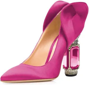 FSJ Women Graceful Satin Pumps Pointed Toe Crystal Chunky Block High Heels Slip On Curly Back Wedding Dress Evening Shoes Size 4-16 US