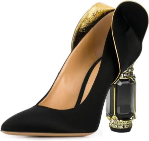 FSJ Women Graceful Satin Pumps Pointed Toe Crystal Chunky Block High Heels Slip On Curly Back Wedding Dress Evening Shoes Size 4-16 US