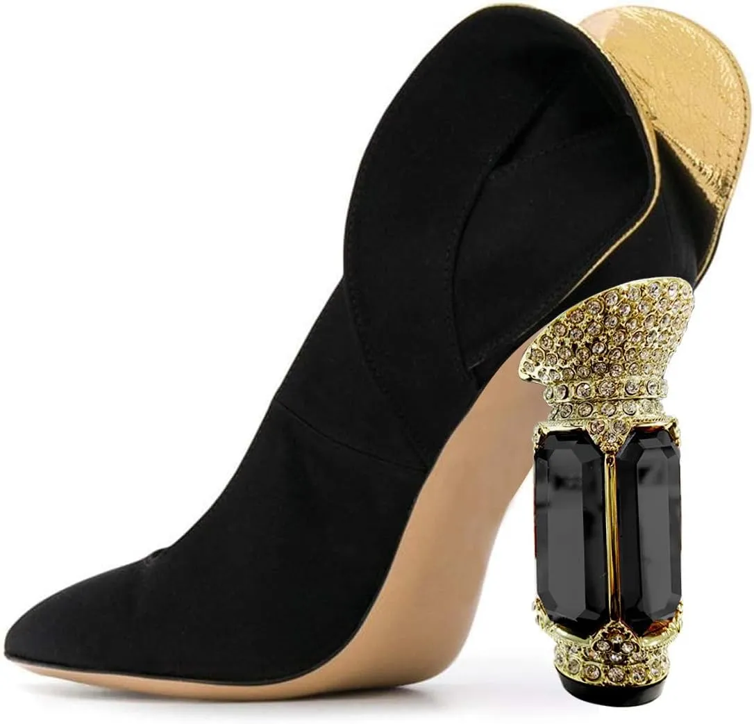 FSJ Women Graceful Satin Pumps Pointed Toe Crystal Chunky Block High Heels Slip On Curly Back Wedding Dress Evening Shoes Size 4-16 US