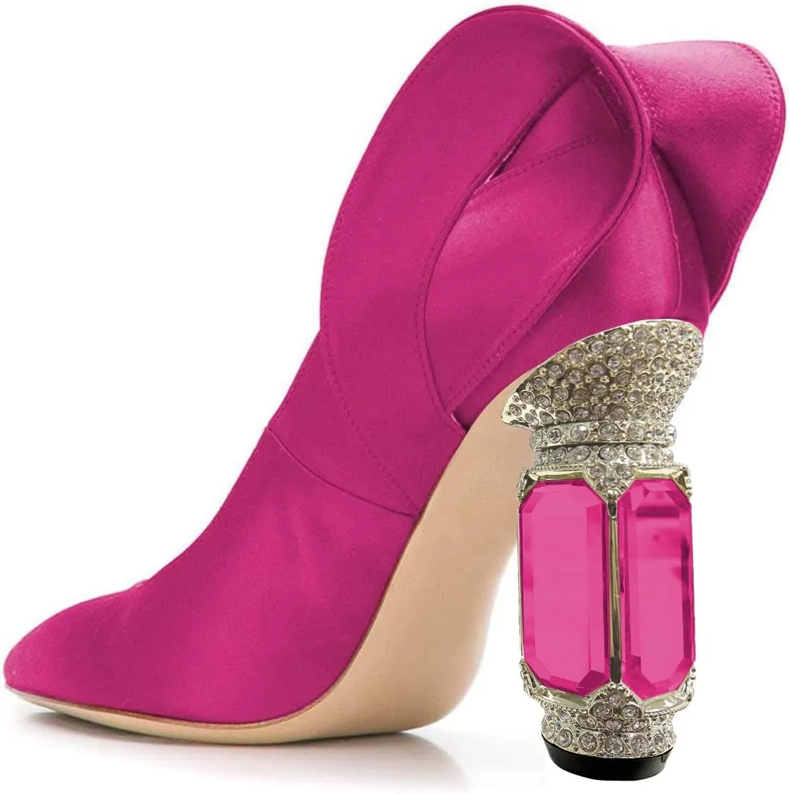 FSJ Women Graceful Satin Pumps Pointed Toe Crystal Chunky Block High Heels Slip On Curly Back Wedding Dress Evening Shoes Size 4-16 US