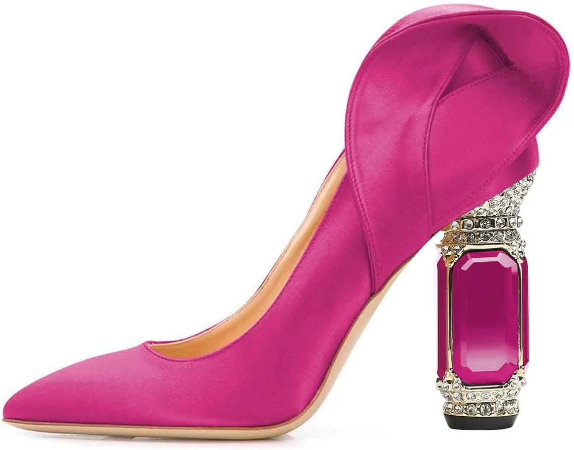 FSJ Women Graceful Satin Pumps Pointed Toe Crystal Chunky Block High Heels Slip On Curly Back Wedding Dress Evening Shoes Size 4-16 US