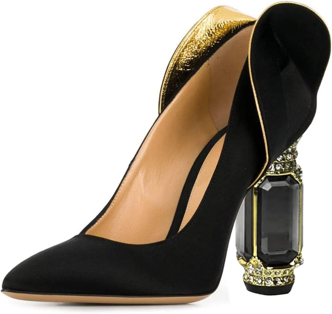 FSJ Women Graceful Satin Pumps Pointed Toe Crystal Chunky Block High Heels Slip On Curly Back Wedding Dress Evening Shoes Size 4-16 US