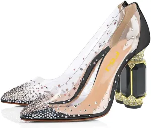 FSJ Women High Crystal Chunky Heel Transparent PVC Pumps Rhinestones 105mm Clear Heels Pointed Closed Toe Slip On Pump Bridal Wedding Party Dress Shoes Size 4-16 US
