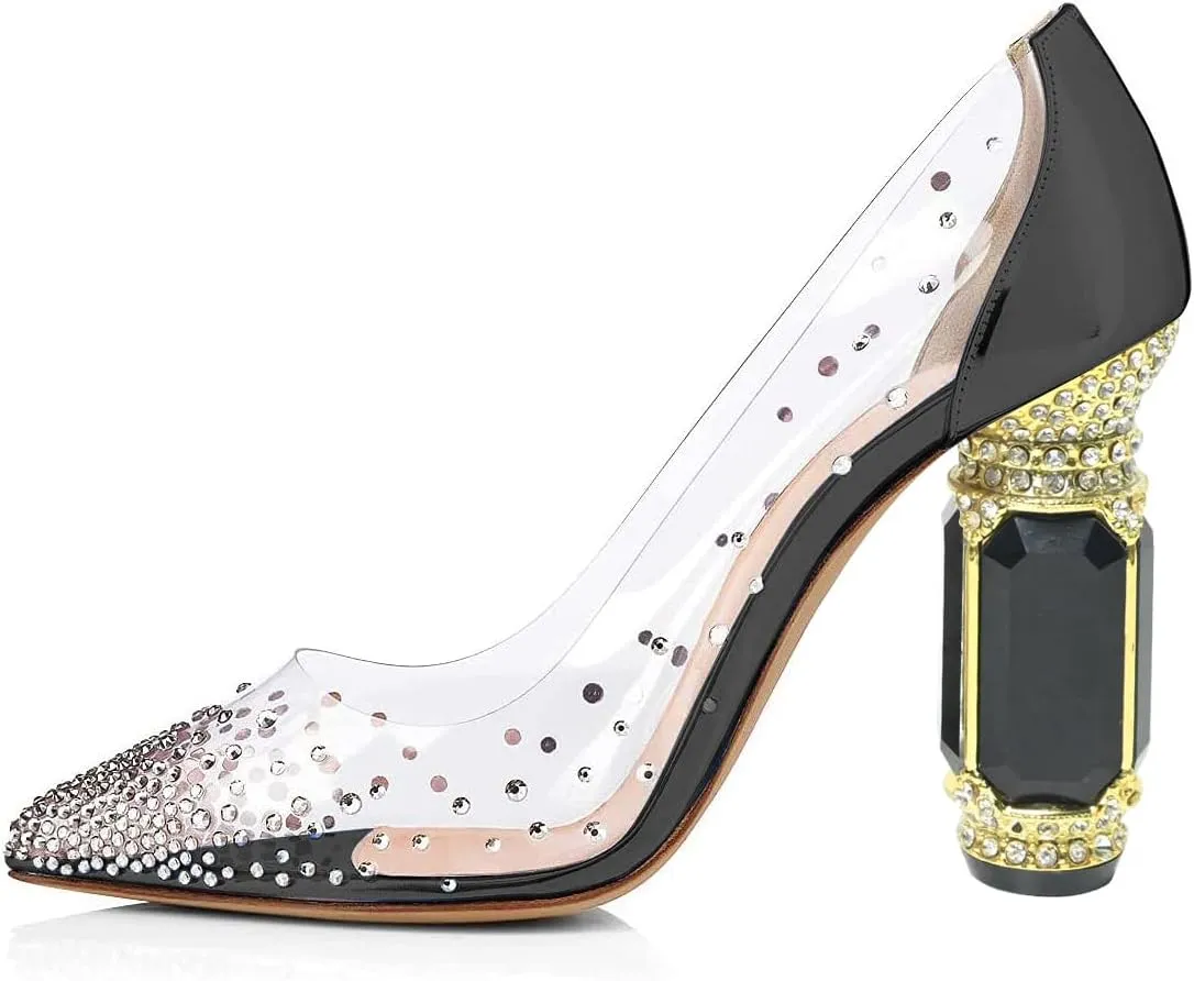 FSJ Women High Crystal Chunky Heel Transparent PVC Pumps Rhinestones 105mm Clear Heels Pointed Closed Toe Slip On Pump Bridal Wedding Party Dress Shoes Size 4-16 US