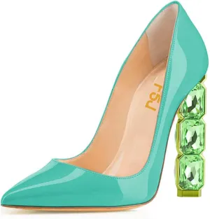 FSJ Women Jeweled High Heel Pointed Toe Pump Slip On Sparkling Crystal Bead Heel Sexy Ladies Bridal Evening Shoes Size 4-15 US