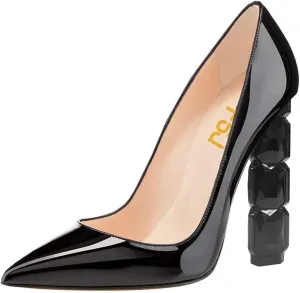 FSJ Women Jeweled High Heel Pointed Toe Pump Slip On Sparkling Crystal Bead Heel Sexy Ladies Bridal Evening Shoes Size 4-15 US