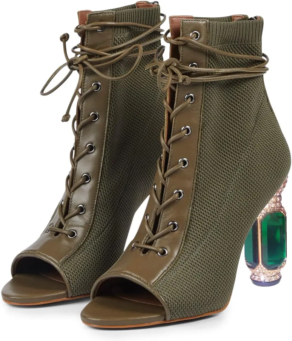 FSJ Women Open Peep Toe Ankle Boots Crystal High Heel Mesh Lace Up Booties Back Zipper Comfort Wedding Party Dress Pumps Shoes Size 4-15 US