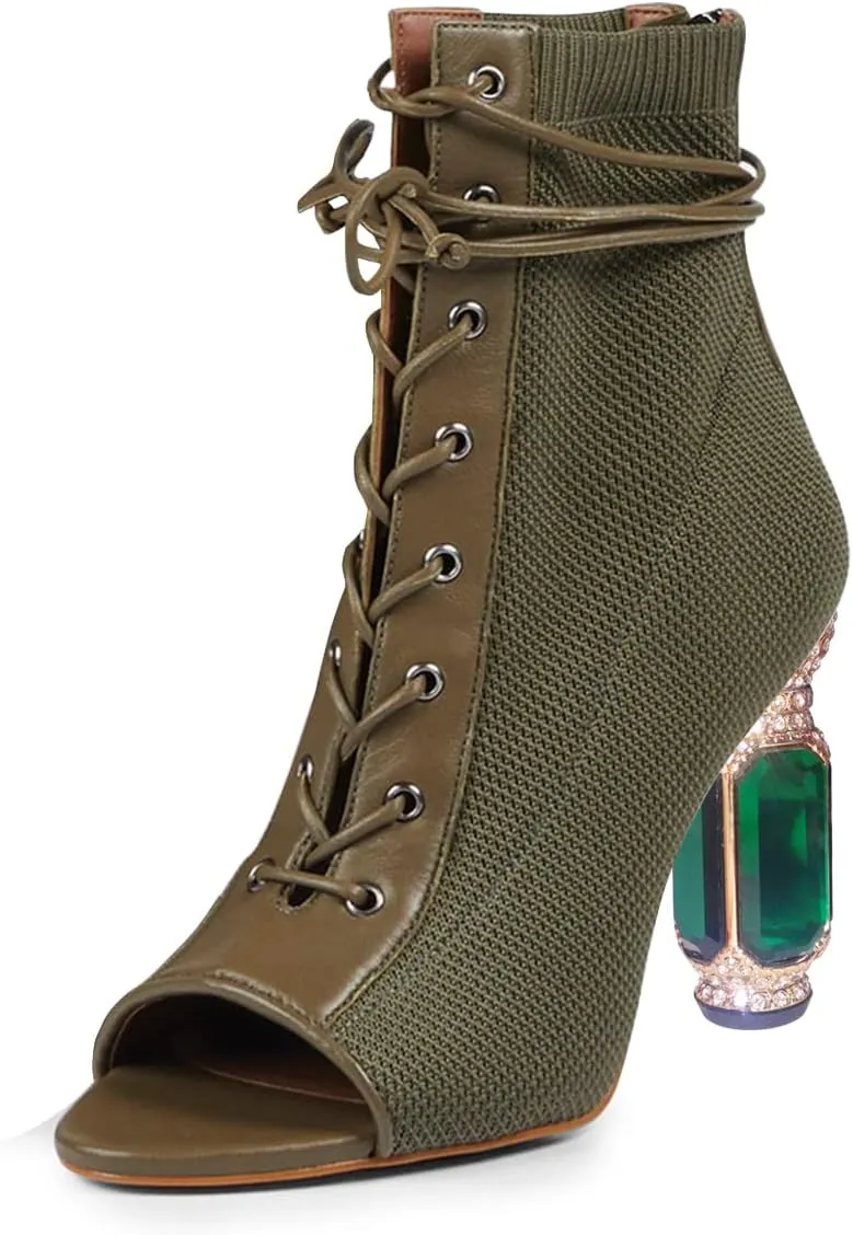 FSJ Women Open Peep Toe Ankle Boots Crystal High Heel Mesh Lace Up Booties Back Zipper Comfort Wedding Party Dress Pumps Shoes Size 4-15 US