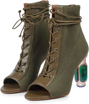 FSJ Women Open Peep Toe Ankle Boots Crystal High Heel Mesh Lace Up Booties Back Zipper Comfort Wedding Party Dress Pumps Shoes Size 4-15 US
