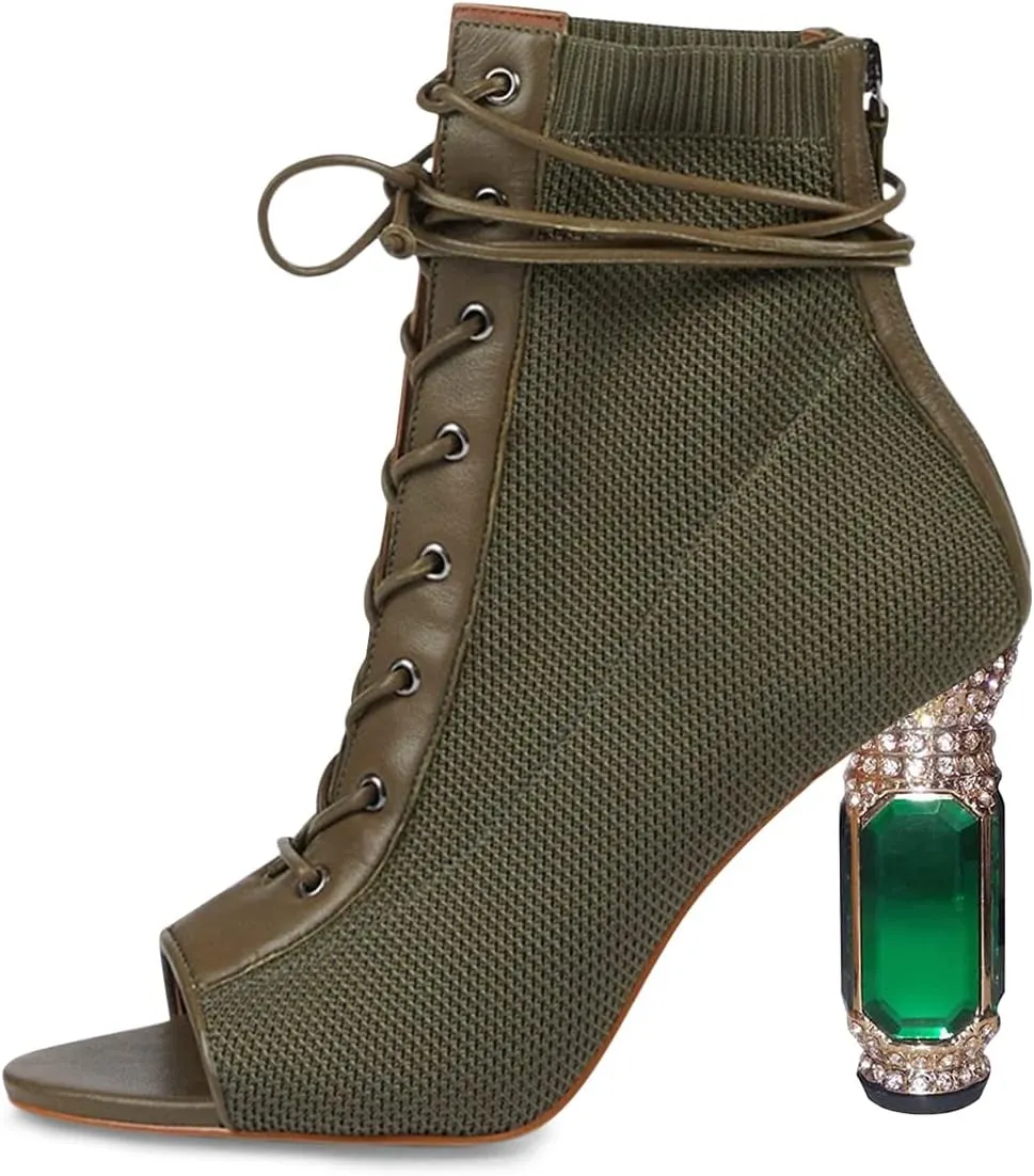 FSJ Women Open Peep Toe Ankle Boots Crystal High Heel Mesh Lace Up Booties Back Zipper Comfort Wedding Party Dress Pumps Shoes Size 4-15 US