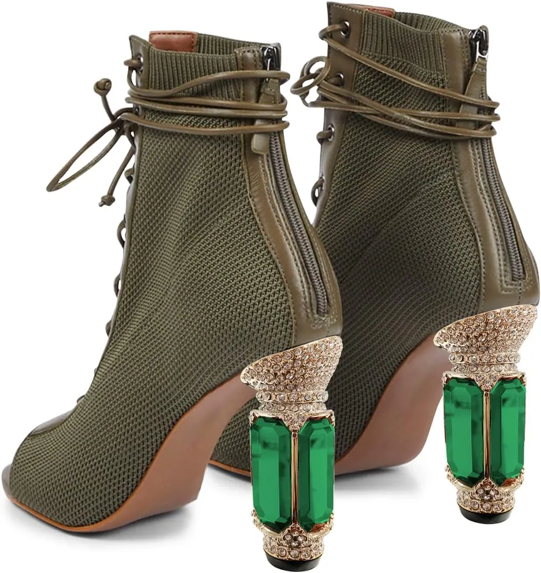 FSJ Women Open Peep Toe Ankle Boots Crystal High Heel Mesh Lace Up Booties Back Zipper Comfort Wedding Party Dress Pumps Shoes Size 4-15 US