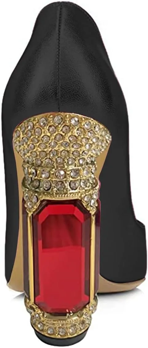FSJ Women Pointed Toe Crystal High Heel Pumps Comfort Slip On Chunky Block Heel Bridal Wedding Evening Party Prom Dress Shoes Size 4-15 US