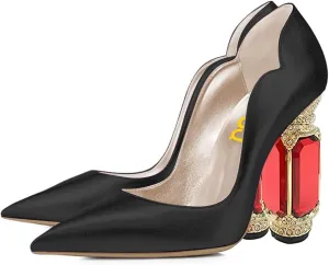 FSJ Women Pointed Toe Crystal High Heel Pumps Comfort Slip On Chunky Block Heel Bridal Wedding Evening Party Prom Dress Shoes Size 4-15 US