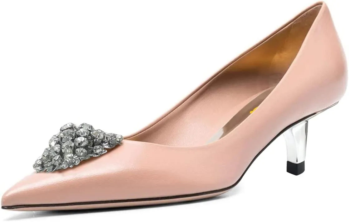 FSJ Women Pointed Toe Low Kitten Heel Pumps Studded Crystal Buckle Slip On Comfort Ladies Daily Dressy Shoes Size 4-15 US