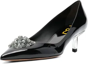 FSJ Women Pointed Toe Low Kitten Heel Pumps Studded Crystal Buckle Slip On Comfort Ladies Daily Dressy Shoes Size 4-15 US