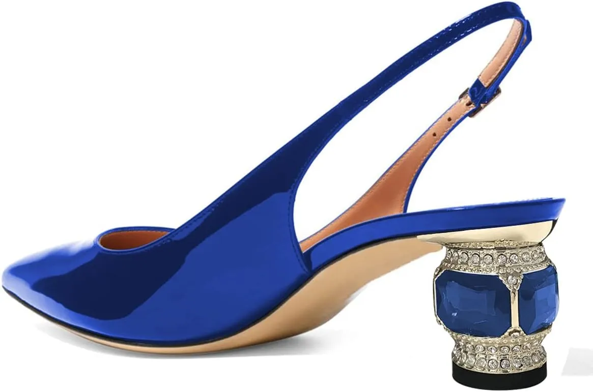 FSJ Women Pointed Toe Slingback Wedding Pumps Chunky Low Heel Rhinestone Sandals Crystal Dress Party Office Shoe with Buckle Size 4-15 M US