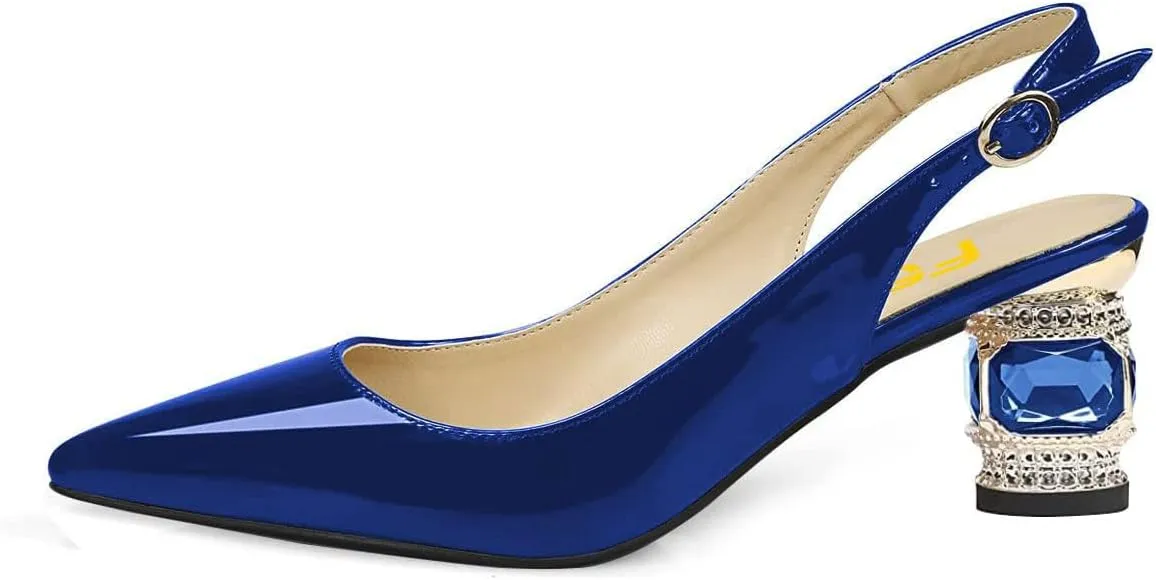 FSJ Women Pointed Toe Slingback Wedding Pumps Chunky Low Heel Rhinestone Sandals Crystal Dress Party Office Shoe with Buckle Size 4-15 M US