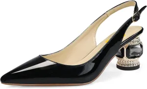 FSJ Women Pointed Toe Slingback Wedding Pumps Chunky Low Heel Rhinestone Sandals Crystal Dress Party Office Shoe with Buckle Size 4-15 M US
